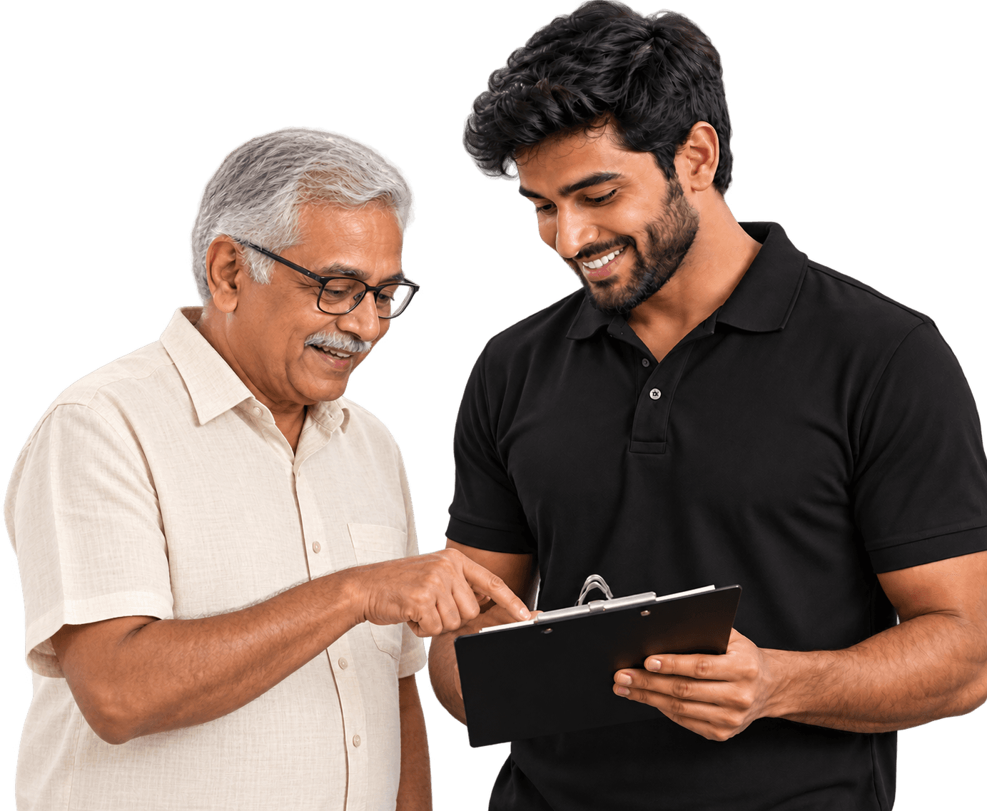 A homeowner and a local tradesperson going through a job checklist together